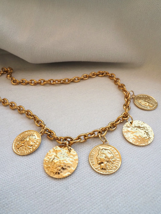 Collier FLORENCE / breloques rondes / chaîne acier inoxydable dorée