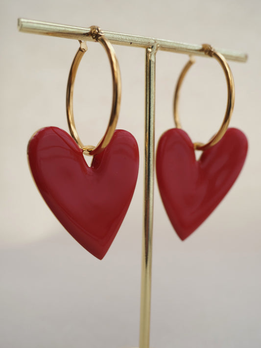 Boucles d'oreilles pendantes ABIGAIL - Coeur rouge et créoles acier inoxydable doré