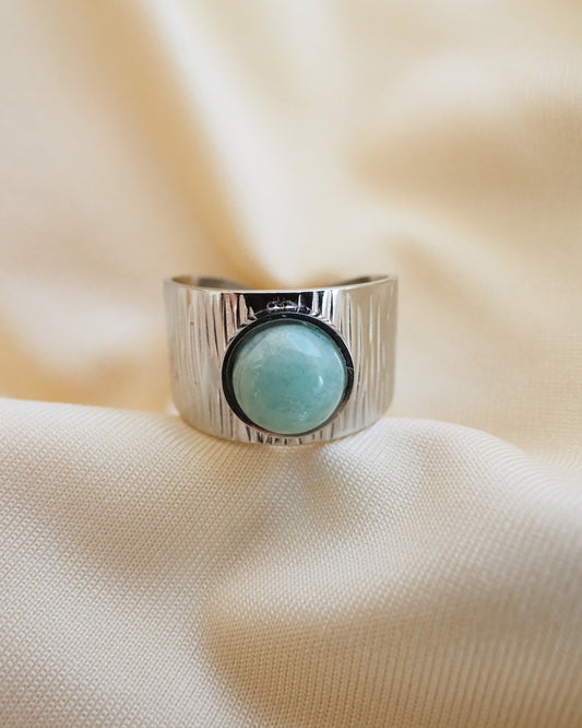 Bague large AVA – Acier inoxydable argenté, cabochon en pierre fine amazonite