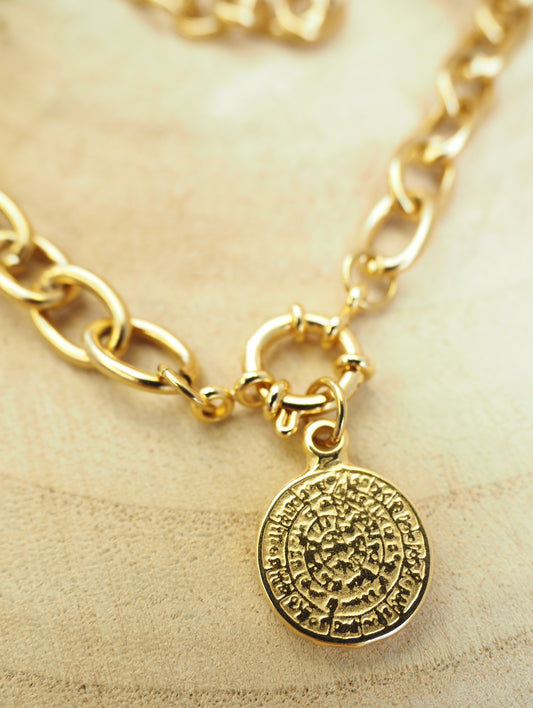 Collier LISA / chaîne maille ovale / pendentif médaille / acier inoxydable doré