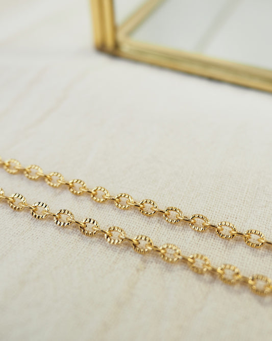 Collier long IRMA / chaîne fantaisie acier inoxydable dorée / pendentif mauvais oeil