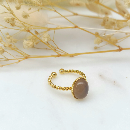 Bague ajustable LISON / dorée à l’or fin / cabochon en agate grise