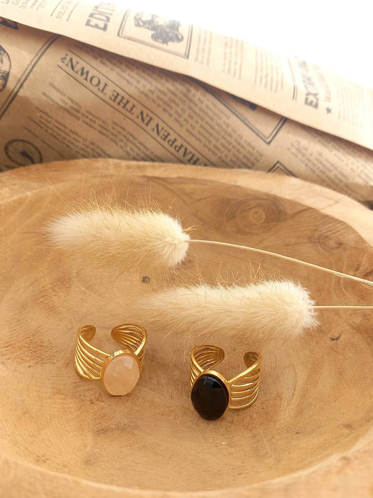 Bague ajustable ROSALIE / acier inoxydable doré / cabochon pierres à facettes onyx ou quartz rose