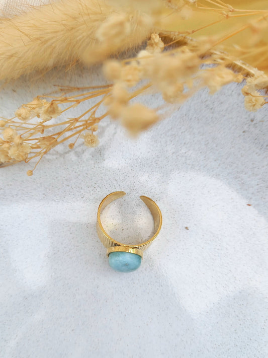 Bague ajustable IRIS l Acier inoxydable doré et pierre fine larimar