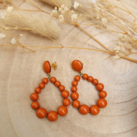 Boucles d'oreilles créoles COLETTE / perles rondes résine / esprit vintage / terracotta