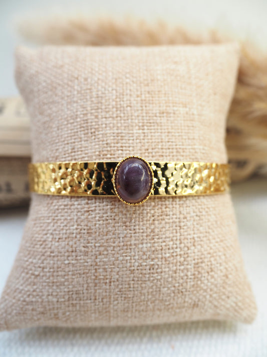 Bracelet jonc ÉLISE / laiton doré à l'or fin / pierre gemme améthyste