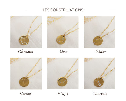 Collier ERINA / chaîne acier inoxydable dorée / constellation gravée