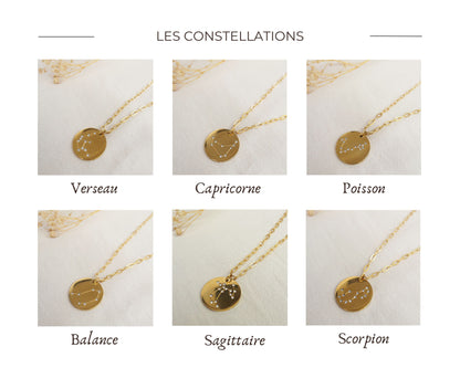 Collier ERINA / chaîne acier inoxydable dorée / constellation gravée