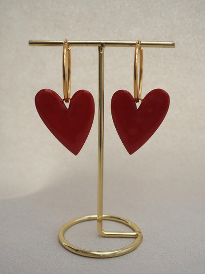 Boucles d'oreilles pendantes ABIGAIL - Coeur rouge et créoles acier inoxydable doré