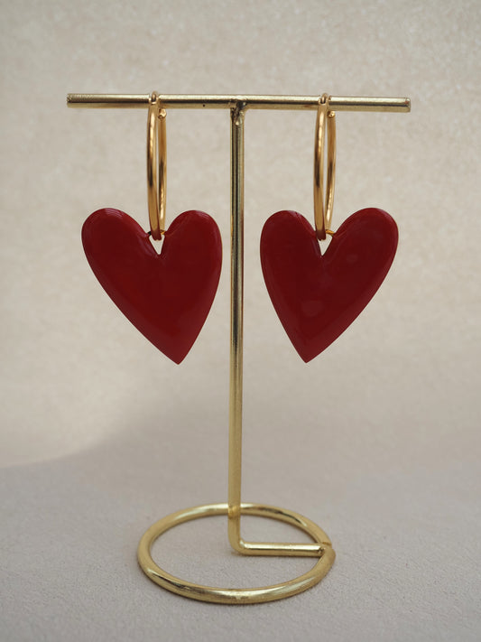 Boucles d'oreilles pendantes ABIGAIL - Coeur rouge et créoles acier inoxydable doré