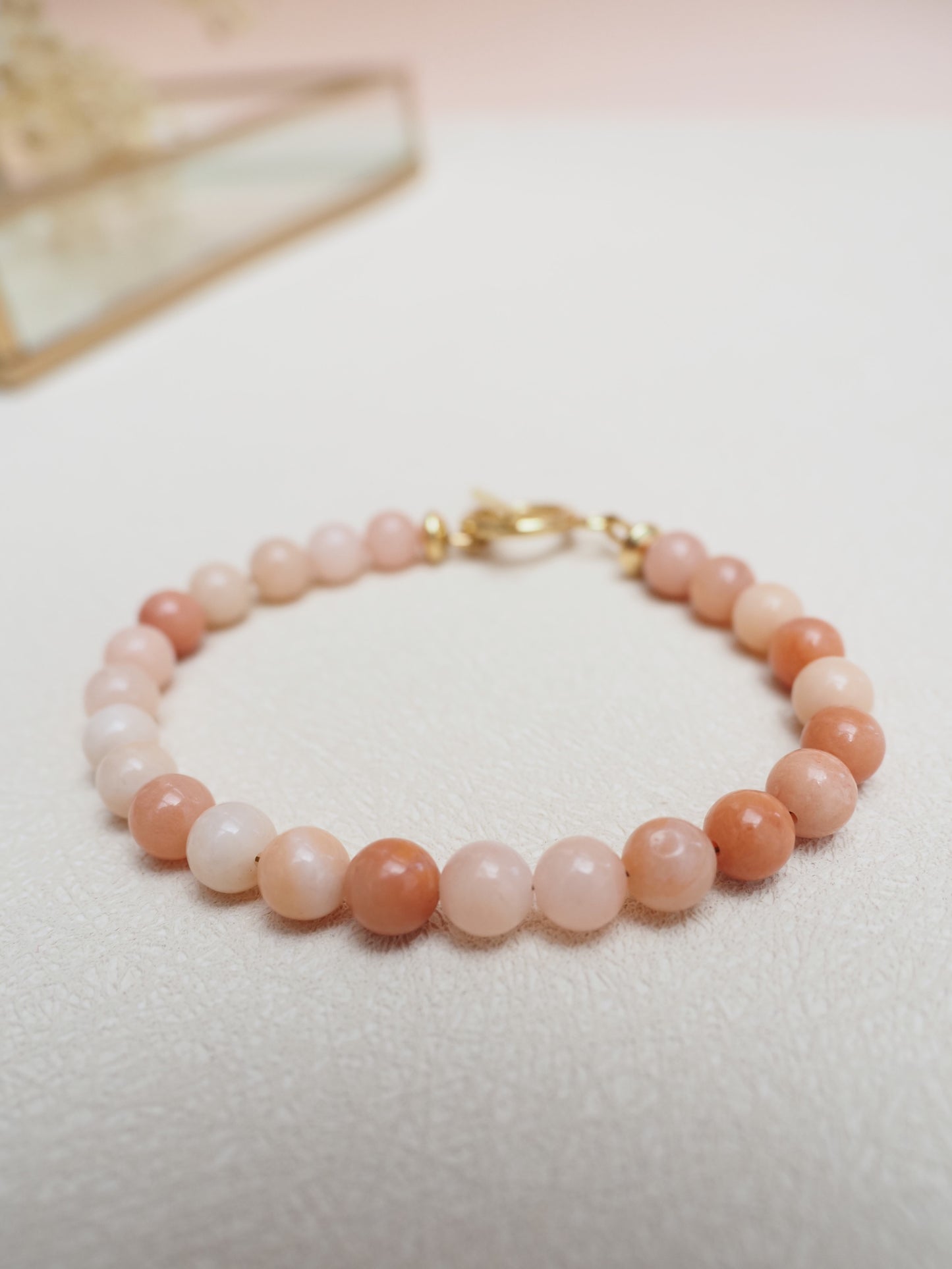 Bracelet ALEXIA / perles aventurine rose / fermoir Toggle acier inoxydable doré