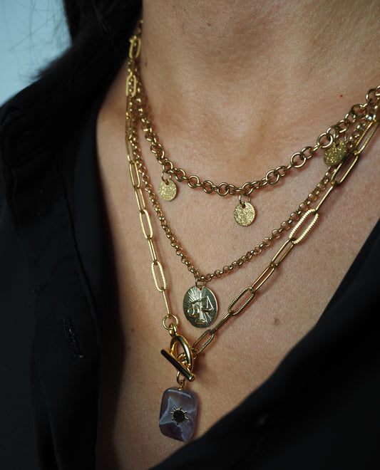 Collier MARJORIE / chaîne acier inoxydable dorée / fermoir toggle / pendentif pierre semi-précieuse