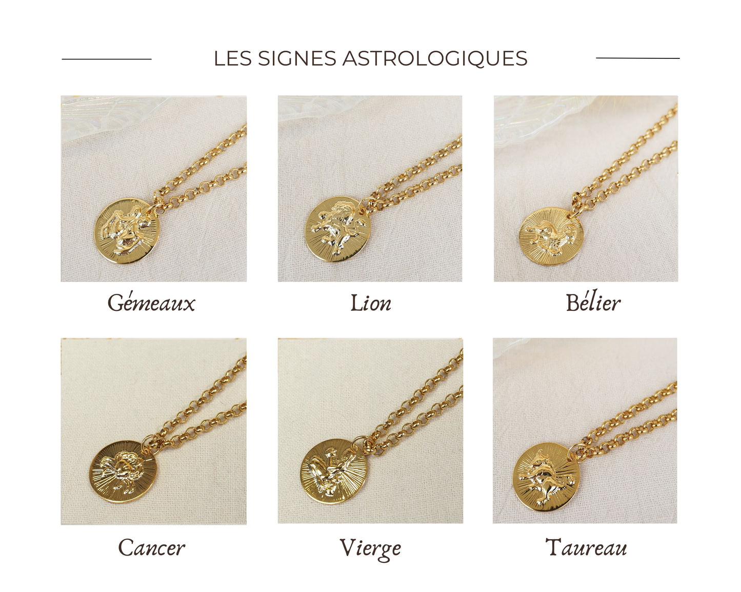 Collier ATHENA / chaîne acier inoxydable dorée / médaille signe astrologique