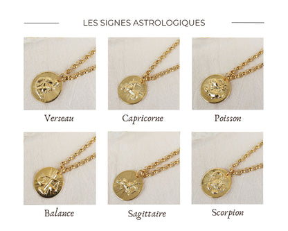 Collier ATHENA / chaîne acier inoxydable dorée / médaille signe astrologique