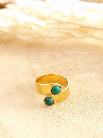 Bague ajustable OLIVIA / dorée à l'or fin / double cabochon malachite