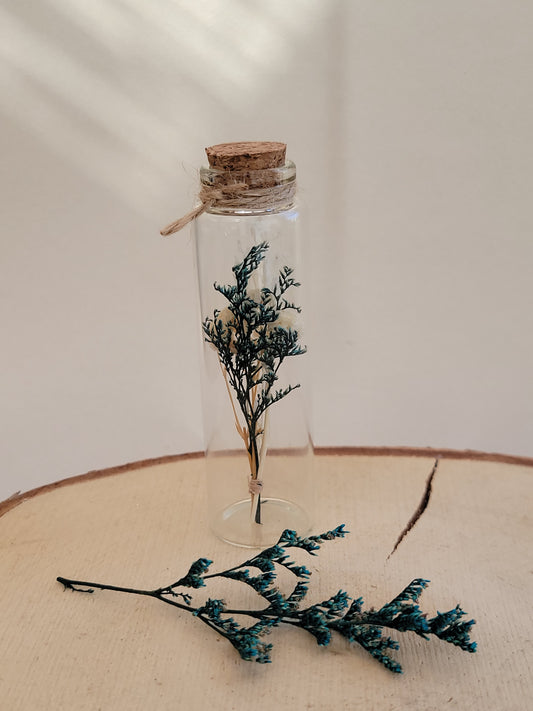 Fiole de fleurs séchées bleues